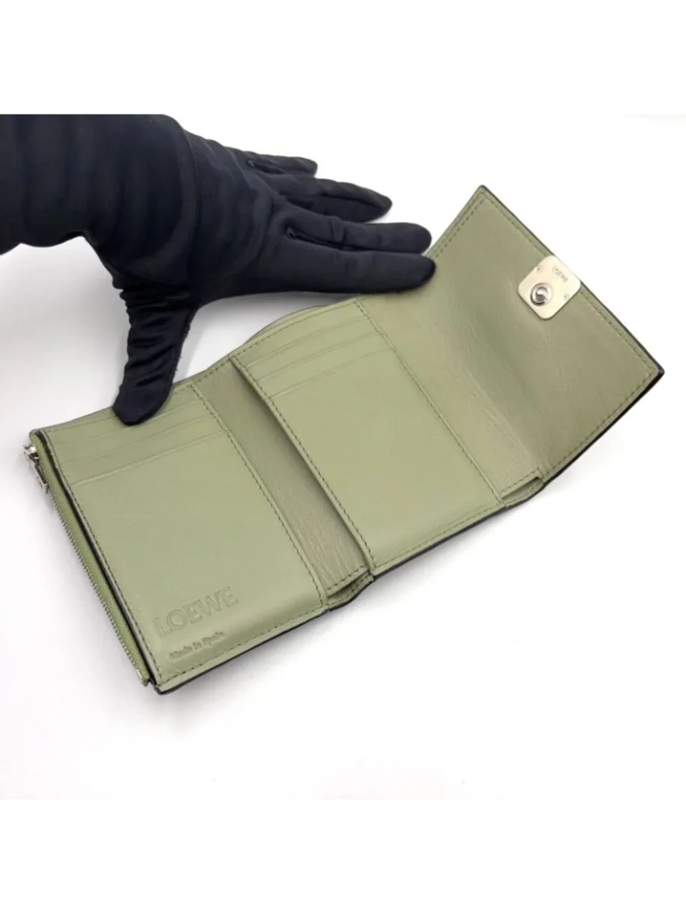 Loewe Wallet Khaki Green Anagram Trifold Silver